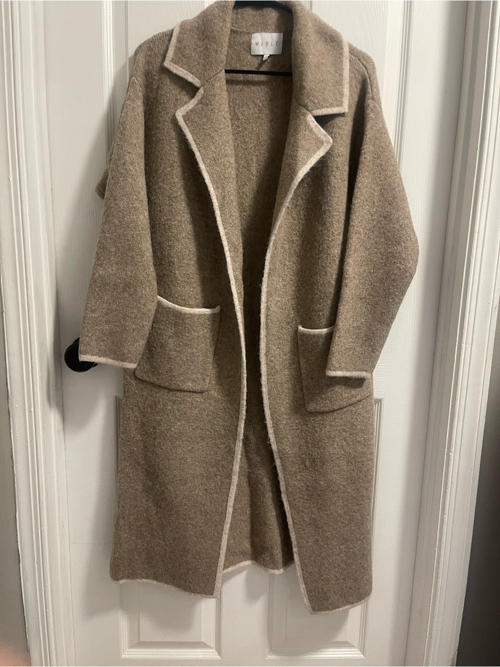 Vince Taupe Open-Front Coatigan with Cream Trim